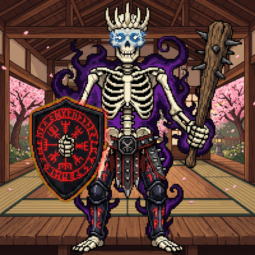 Bone Pit warrior — crowned skeleton, dojo