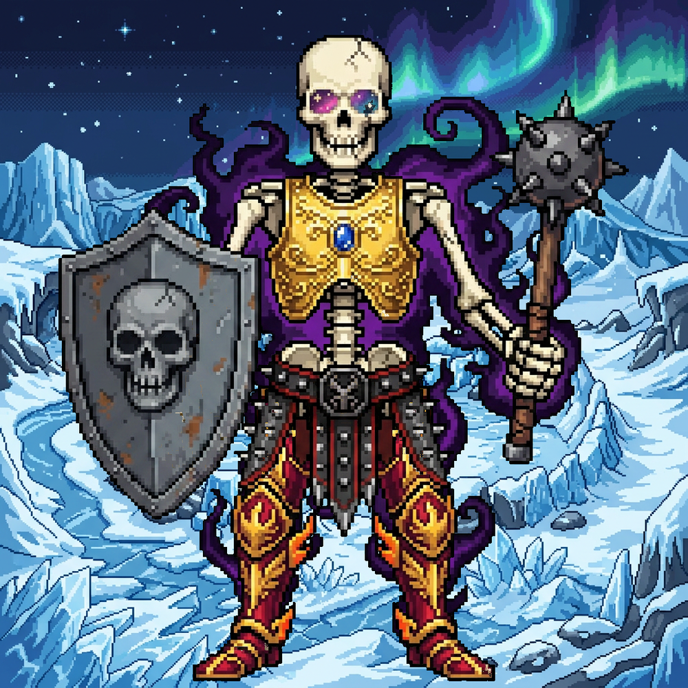 Bone Pit warrior — golden armor under aurora