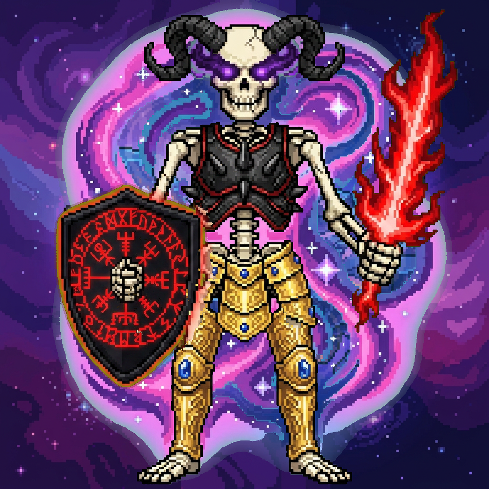 Bone Pit warrior — horned skeleton with flame sword